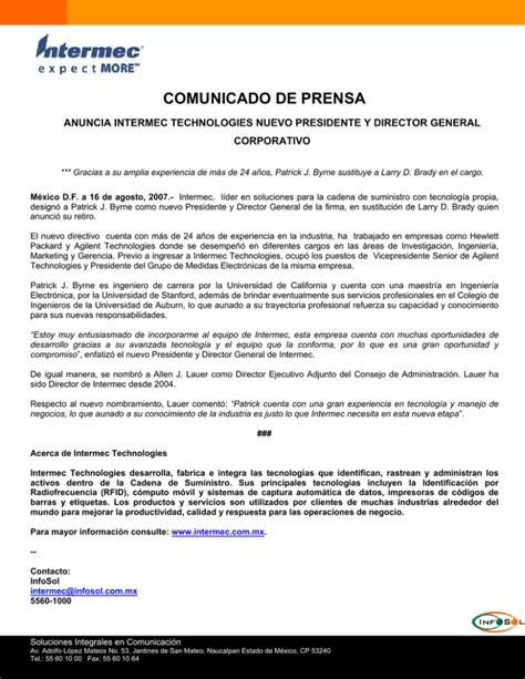 Comunicado De Prensa Anuncia Intermec Technologies Nuevo Presidente Y