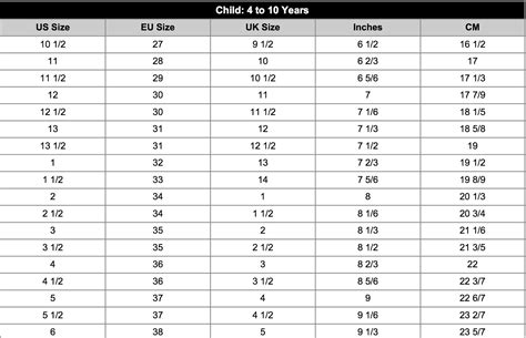 Toddler Girls Shoe Size Chart