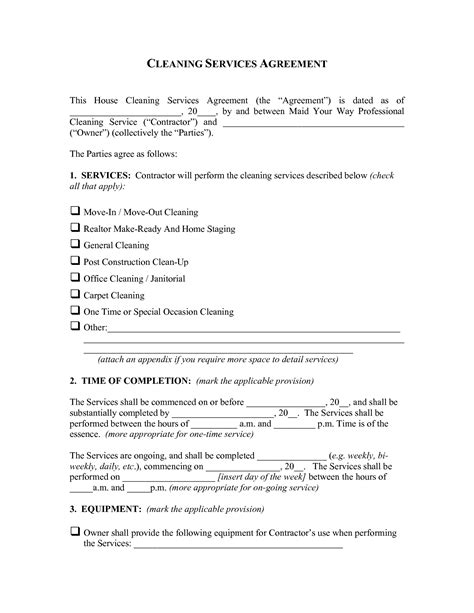 Cleaning Contract Template Free Printable Documents