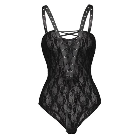 Lace Bodysuits Women Elastic Slim Sleeveless Backless Jumpsuit Lace Up Sexy Bodysuits Solid Deep