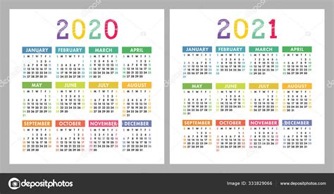 Calendario 2020 2021 Plantilla Diseño Calendario Vector Cuadrado Inglés