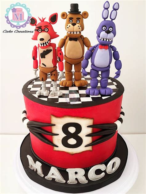 Three Cartoon Characters Are On Top Of A Red And Black Cake That Says 8