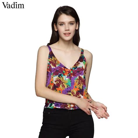 Vadim Women V Neck Floral Crop Tops Sexy Blouse Short Style Camis Backless Stap Sleeveless Shirt