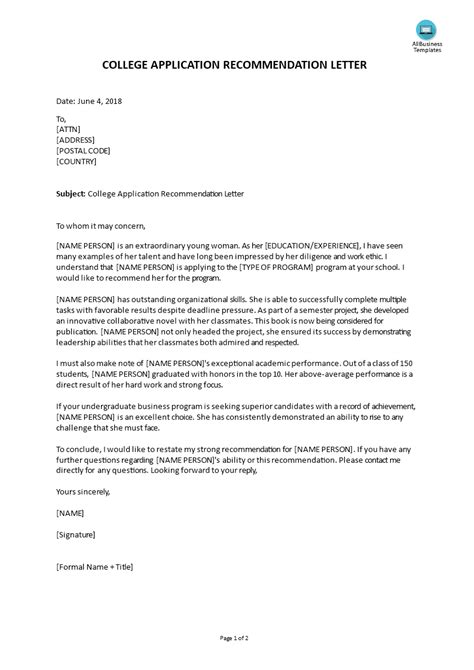 College Application Recommendation Letter Templates At