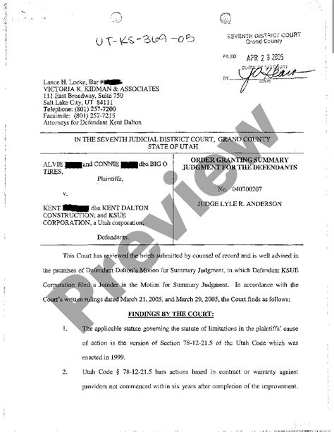 Utah Order Granting Summary Judgment For The Defendant Us Legal Forms