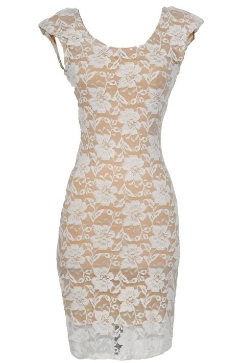 Fitted Contrast Lace Padded Shoulder Dress In Ivory Nude Lily Boutique