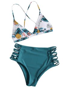 29 OFF 2019 Tropical Printed Strappy High Waisted Bikini Set In
