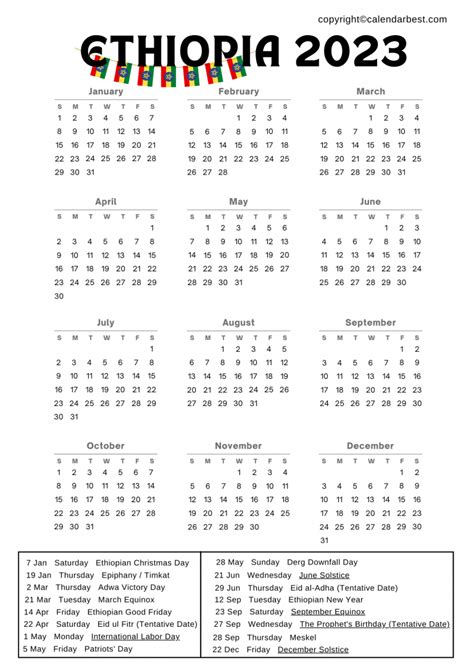 Ethiopia 2023 Calendar With Holidays Best Printable Calendar