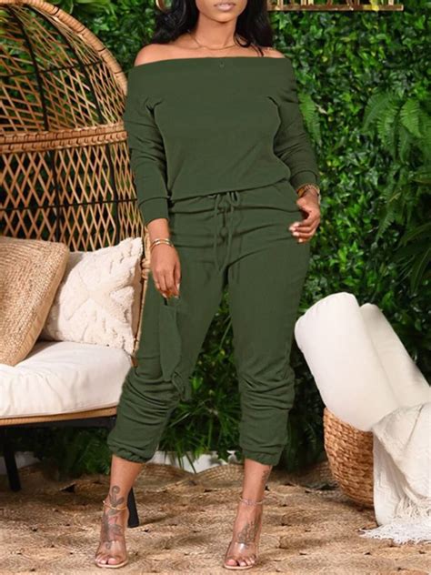 lovely plus size casual dew shoulder lace up green two piece pants setlw fashion online for