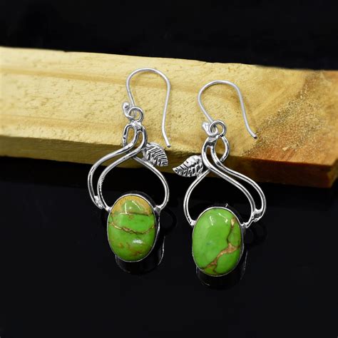 Green Copper Turquoise Earrings Sterling Solid Silver Etsy