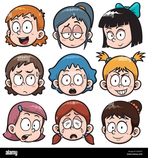 Ilustración Vectorial De Dibujos Animados Rostros De Niñas Imagen