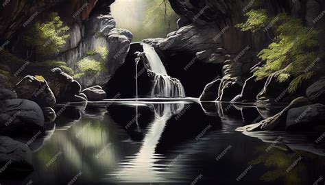 Premium Photo A Painting Of A Waterfall In A Cave Generative Ai