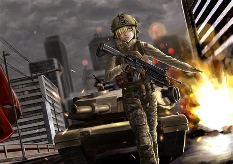 Original Characters Weapon Tank Female Soldier Uniform Anime Girls