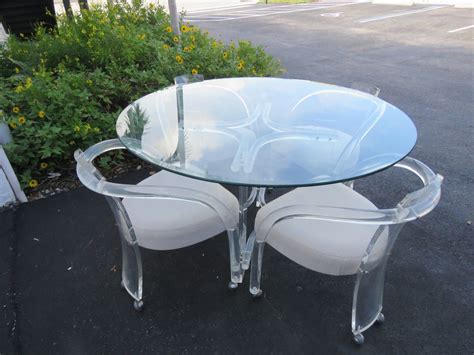 Mid Century Lucite Acrylic Round Glass Top Dining Table With Four