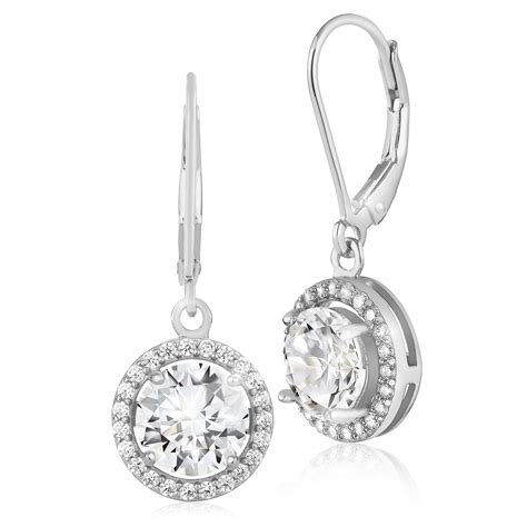Sterling Silver Round Aaa Cubic Zirconia Halo Leverback Dangle