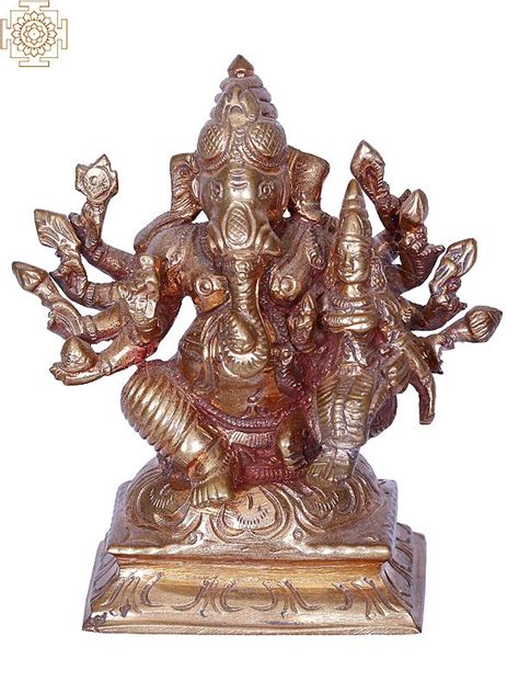 4 Ten Hands Sitting Lord Ganesha With Devi Lakshmi Madhuchista