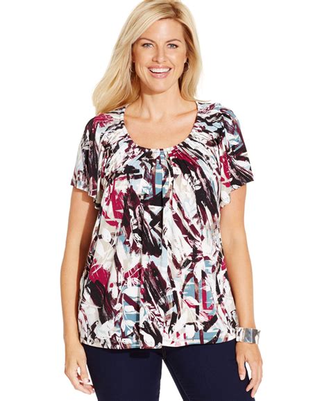 Style Co Plus Size Printed Pleat Neck Top Only At Macy S Tops