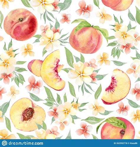 Watercolor Fruit Seamless Pattern With Flowers And Peaches Stock