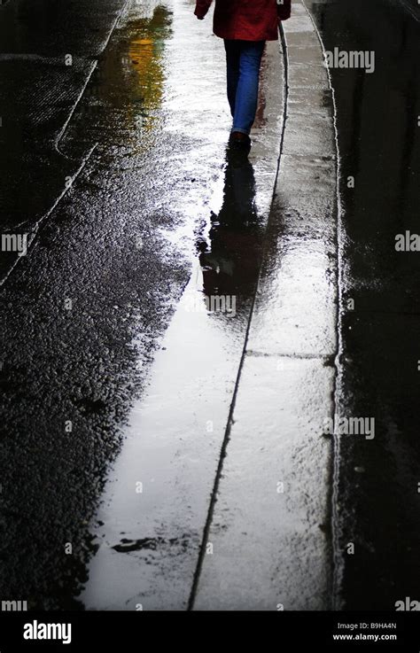 Alley Pedestrian Detail Legs Back View Rain Side Streets Wet Puddles
