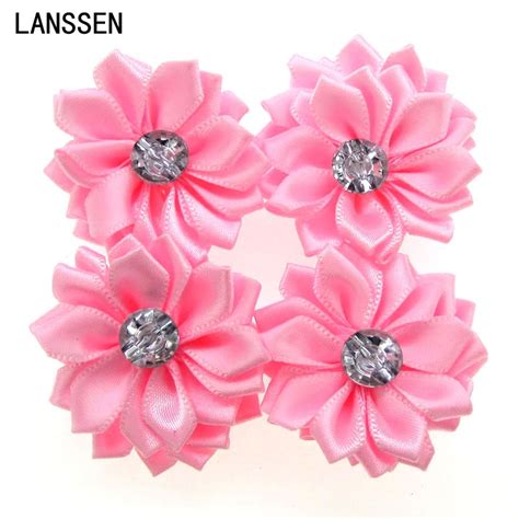 12pcs pink satin ribbon flowers with rhinestone multilayers fabric flowers appliques accessories
