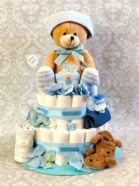 Baby Boy Diaper Cake Two Tier Diaper Cake Made To Order Etsy Baby