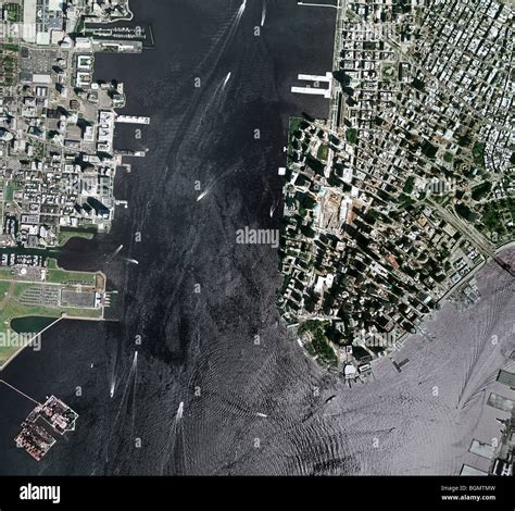 Aerial Map View Above New York Harbor Downtown Manhattan And World