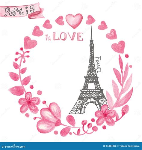 Paris In Love Watercolor Floral Pink Wreath Eiffel Tower Stock Vector