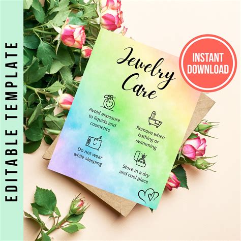 Editable Jewelry Care Card Guide Rainbow Jewelry Care Card Etsy