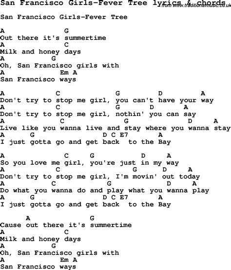love song lyrics for san francisco girls fever tree with chords