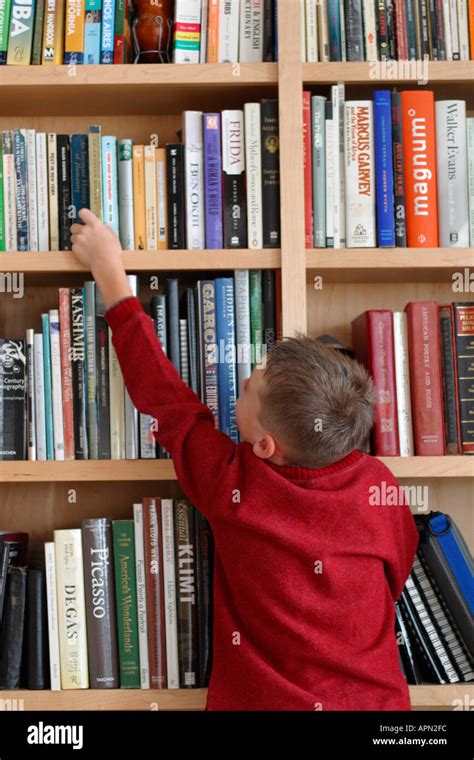 Boy Reaching For Book Stock Photo Alamy