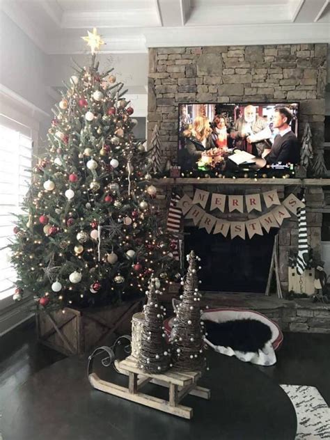 Red santa's belt tinsel tree skirt looks great with or without gifts under the tree The FarmHouse Christmas Tree Box Tree Skirt Tree Collar in ...