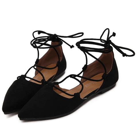 Womens Pointed Toe Ballet Flats Sexy Lace Up Suede Blackgray Flat