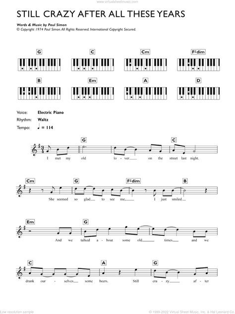 Still Crazy After All These Years Sheet Music For Piano Solo Chords Lyrics Melody