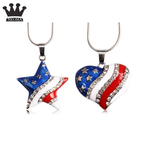 American Flag Usa Charm Necklace Pendants With Crystal Heart And Star Hanging Necklaces Choker