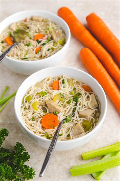 Return chicken and broth to pan. Loaded Vegan "Chicken" Noodle Soup - From My Bowl