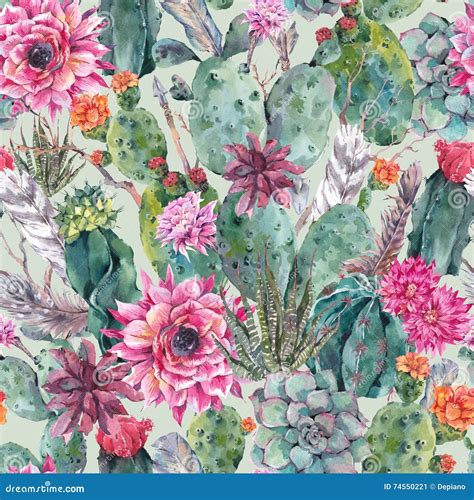 Cactus Watercolor Seamless Pattern In Boho Style Stock Illustration