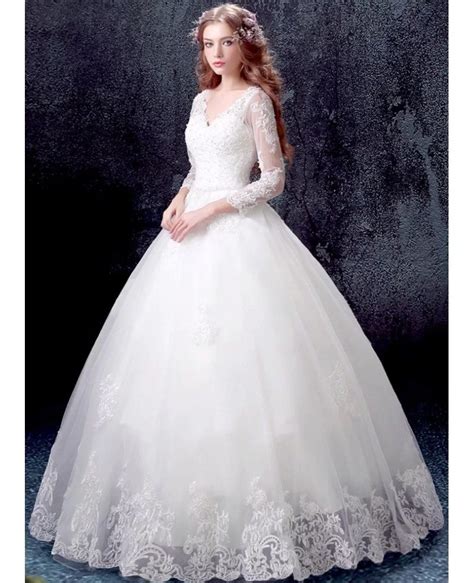 Traditional Lace Beaded Ball Gown Wedding Dress With Long Sleeves Wholesale T69599