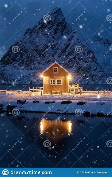 Home Cabin Or House At Night Norwegian Fishing Village In Reine City