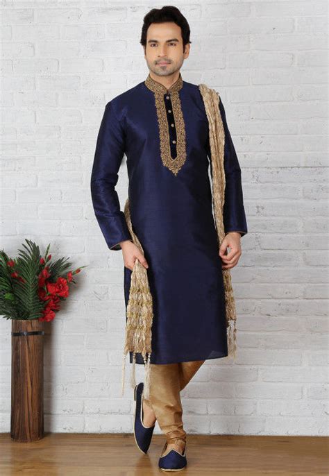 Buy Embroidered Dupion Silk Kurta Set In Navy Blue Online Mgv380 Utsav Fashion