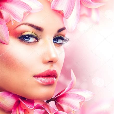 Beautiful Girl With Orchid Flowers Beauty Woman Face