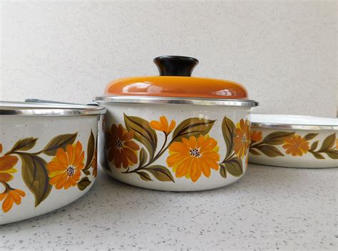Vintage Jmp Capri Enamel Cookware Set Orange Floral 2 Sauce Etsy
