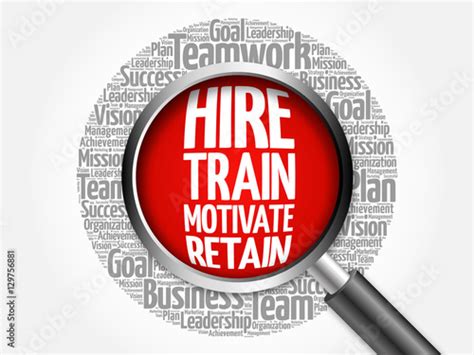 Hire Train Motivate And Retain Word Cloud With Magnifying Glass