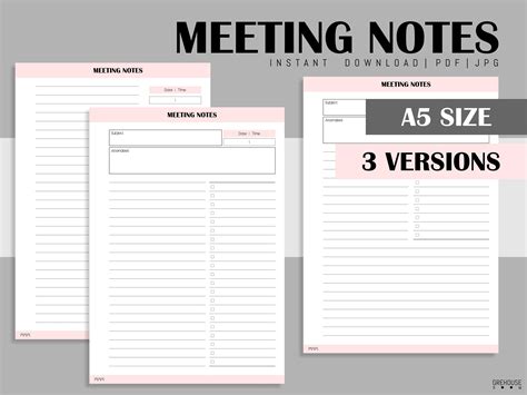 Meeting Notes Printable Filofax A5 Planner Inserts Work Planner Pages