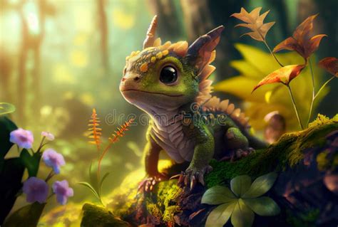 Cute Baby Dragon In Spring Forest Stock Illustration Illustration Of