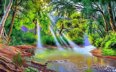 Nature River Trees With Green Leaves Sun Rays Art Hd