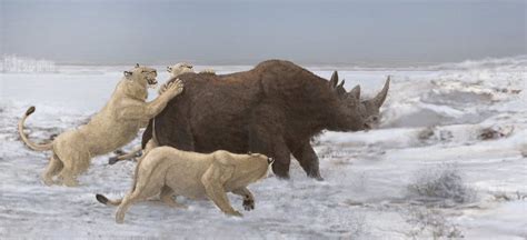 A Pride Of Eurasian Cave Lionspanthera Leo Spelaea Vs Woolly Rhino