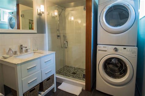 When positioning the washer and dryer, it's a good idea to get some help so that you don't hurt yourself. Bathroom with heated floor and washer/dryer | Renting a ...