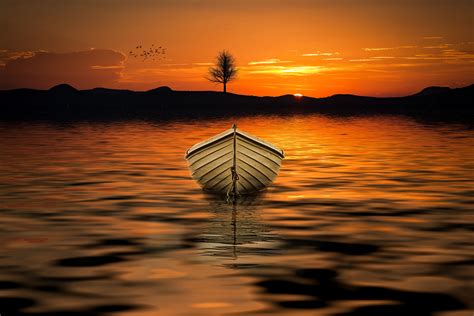 Free Photo Brown Row Boat On Body Of Water Painting Boat Dawn Dusk