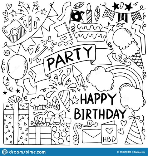 Hand Drawn Party Doodle Happy Birthday Ornaments Background Pattern Vector