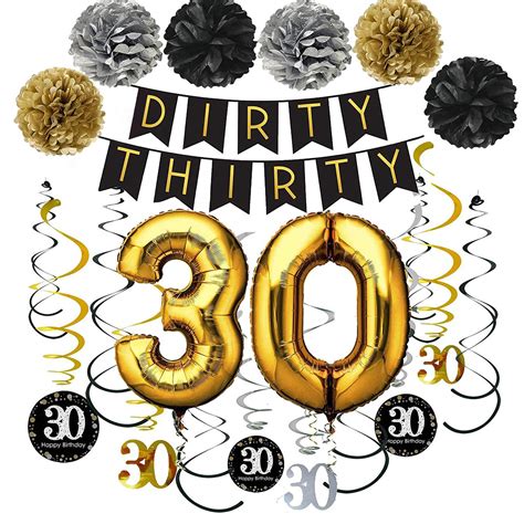 Buy Dirty Thirty Banner With Pom Poms 30th Glittery Hanging Streamers